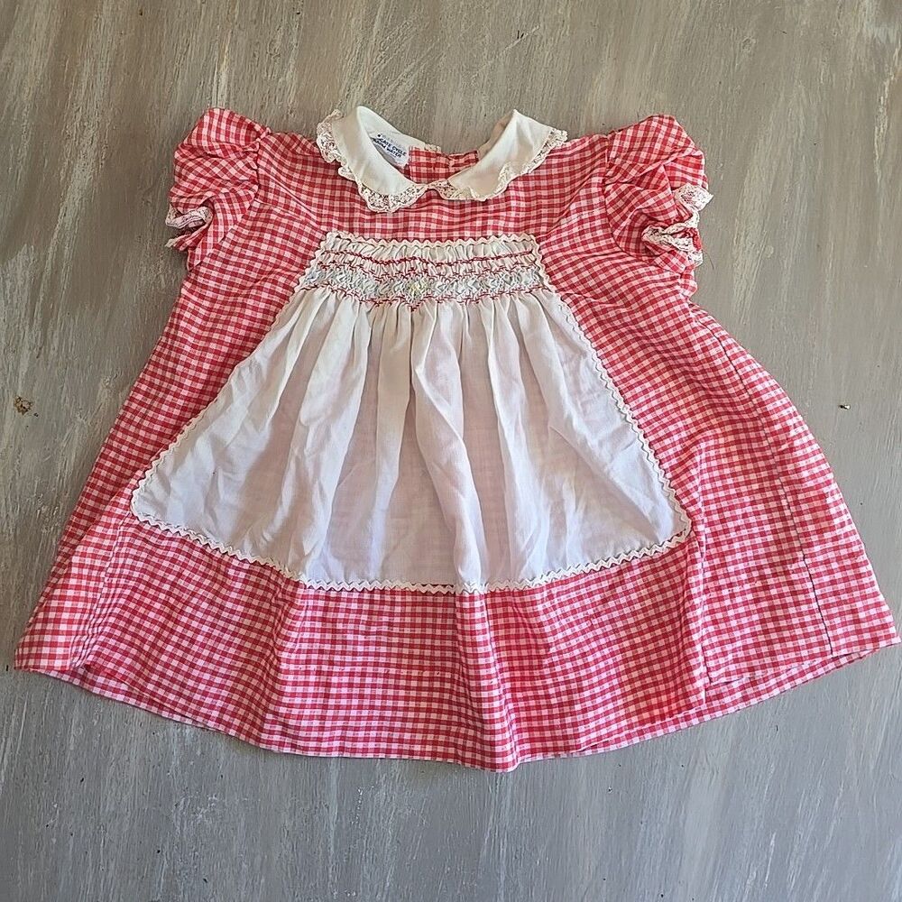 Vintage Polly Flinders Baby Dress Reborn Doll Hand Smocked dress 12 Mo Red Check